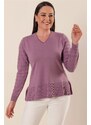 By Saygı Lilac V-Neck rukávy Vzorovaný akrylový svetr nadměrné velikosti s bočními rozparky