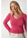 Happiness İstanbul Dámský fuchsiový vousatý pletený svetr s výstřihem do V