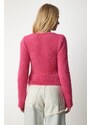 Happiness İstanbul Dámský fuchsiový vousatý pletený svetr s výstřihem do V