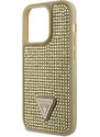 Ochranný kryt pro iPhone 15 Pro - Guess, Rhinestones Triangle Metal Logo Gold