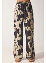 Happiness İstanbul Women's Black Beige Patterned Viscose Kimono Palazzo Pants Suit