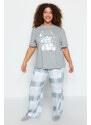 Trendyol Curve Gray Printed Checkered Knitted Pajamas Set
