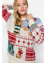 Trendyol Stone Christmas Themed Oversize Soft Textured Patterned Knitwear Sweater