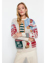 Trendyol Stone Christmas Themed Oversize Soft Textured Patterned Knitwear Sweater