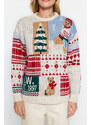 Trendyol Stone Christmas Themed Oversize Soft Textured Patterned Knitwear Sweater