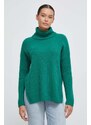 Vlněný svetr United Colors of Benetton dámský, zelená barva, lehký, s golfem