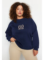 Trendyol Curve Navy Blue Thick Fleece Inside Embroidery Detailed Knitted Sweatshirt