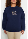 Trendyol Curve Navy Blue Thick Fleece Inside Embroidery Detailed Knitted Sweatshirt