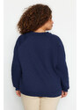 Trendyol Curve Navy Blue Thick Fleece Inside Embroidery Detailed Knitted Sweatshirt