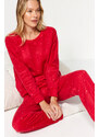 Trendyol Red Velvet Knitted Tshirt-Pants Pajamas Set