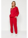 Trendyol Red Velvet Knitted Tshirt-Pants Pajamas Set