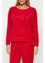 Trendyol Red Velvet Knitted Tshirt-Pants Pajamas Set