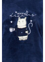 Trendyol Tmavě modrá kočka tištěná sametová trička-kalhoty a pletené pyžamo Set