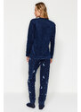 Trendyol Tmavě modrá kočka tištěná sametová trička-kalhoty a pletené pyžamo Set