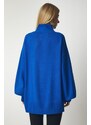 Happiness İstanbul Women's Blue High Neck Oversize Basic Knitwear Sweater
