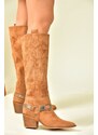 Fox Shoes Tan Suede Low Heeled Cowboy Model Boots