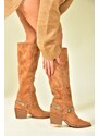 Fox Shoes Tan Suede Low Heeled Cowboy Model Boots