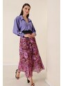 By Saygı Wide Waist, Elastic Lined Chrysanthemum Pattern Tri-Pleat Skirt Purple