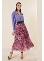 By Saygı Wide Waist, Elastic Lined Chrysanthemum Pattern Tri-Pleat Skirt Purple