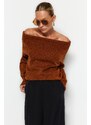 Trendyol Brown Soft Textured Carmen Collar Pletený svetr