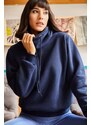 Olalook Women's Navy Blue Long Turtle Soft Textured Thick Sweatshirt