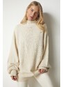 Happiness İstanbul Women's Cream High Neck Oversize Basic Knitwear Sweater