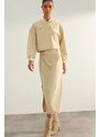 Trendyol Beige Limited Edition High Quality Faux Leather Slit Detailed Midi Woven Skirt