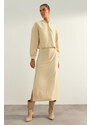 Trendyol Beige Limited Edition High Quality Faux Leather Slit Detailed Midi Woven Skirt