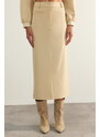 Trendyol Beige Limited Edition High Quality Faux Leather Slit Detailed Midi Woven Skirt