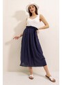 By Saygı Belted Waist and Lined Crepe Skirt Navy Blue