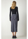 Happiness İstanbul Women's Dark Gray Slotted Corduroy Knitted Pencil Skirt