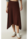 Happiness İstanbul Women's Brown Asymmetrical Cut Corduroy Knitted Skirt