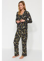 Trendyol Black Floral Pattern Viscose Shirt-Pants Woven Pajamas Set