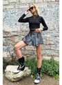 Trend Alaçatı Stili Women's Black Pleat Detailed Zippered Faux Leather Mini Shorts Skirt