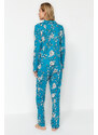 Trendyol Petrol 100% Cotton Floral Pattern Shirt-Pants and Knitted Pajamas Set