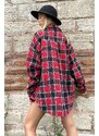 Trend Alaçatı Stili Women's Black Red Checkered Cachet Cotton Oversize Safari Jacket Shirt