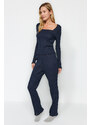 Trendyol Navy Blue Lettuce Detailed Corded Cotton Tshirt-Pants Knitted Pajama Set