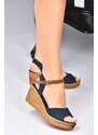 Fox Shoes Women's Navy Blue Linen Wedge Heeled Shoes