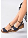 Fox Shoes Women's Navy Blue Linen Wedge Heeled Shoes