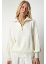 Happiness İstanbul Women's Bone Zipper Collar Basic Knitwear Sweater