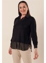 By Saygı Chiffon Detailed Shirt Collar Comfortable Cut, Plus Size Blouse Black.