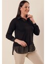 By Saygı Chiffon Detailed Shirt Collar Comfortable Cut, Plus Size Blouse Black.