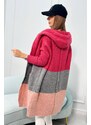 MladaModa Tříbarevný kardiganový svetr s kapucí fuchsiový+šedý+pudrově růžový