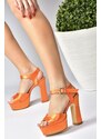Fox Shoes Orange Satin Fabric Platform Heels, Women's Evening Dress Shoes