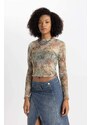 DEFACTO Crop Crew Neck Batic Tulle Long Sleeve T-Shirt