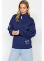 Trendyol Navy Blue Thick Fleece Embroidery and Button Detail High Neck Oversize Knitted Sweatshirt