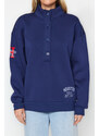 Trendyol Navy Blue Thick Fleece Embroidery and Button Detail High Neck Oversize Knitted Sweatshirt