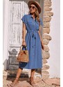 Madmext Blue Shirt Collar Long Dress