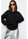 Trendyol Black Stones Print Oversize/Wide Fit Knitted Sweatshirt with Fleece Fleece