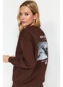 Trendyol Brown Thick Fleece Interior Printed on the Back Cycling Collar Regular Fit Knitted Sweatshirt